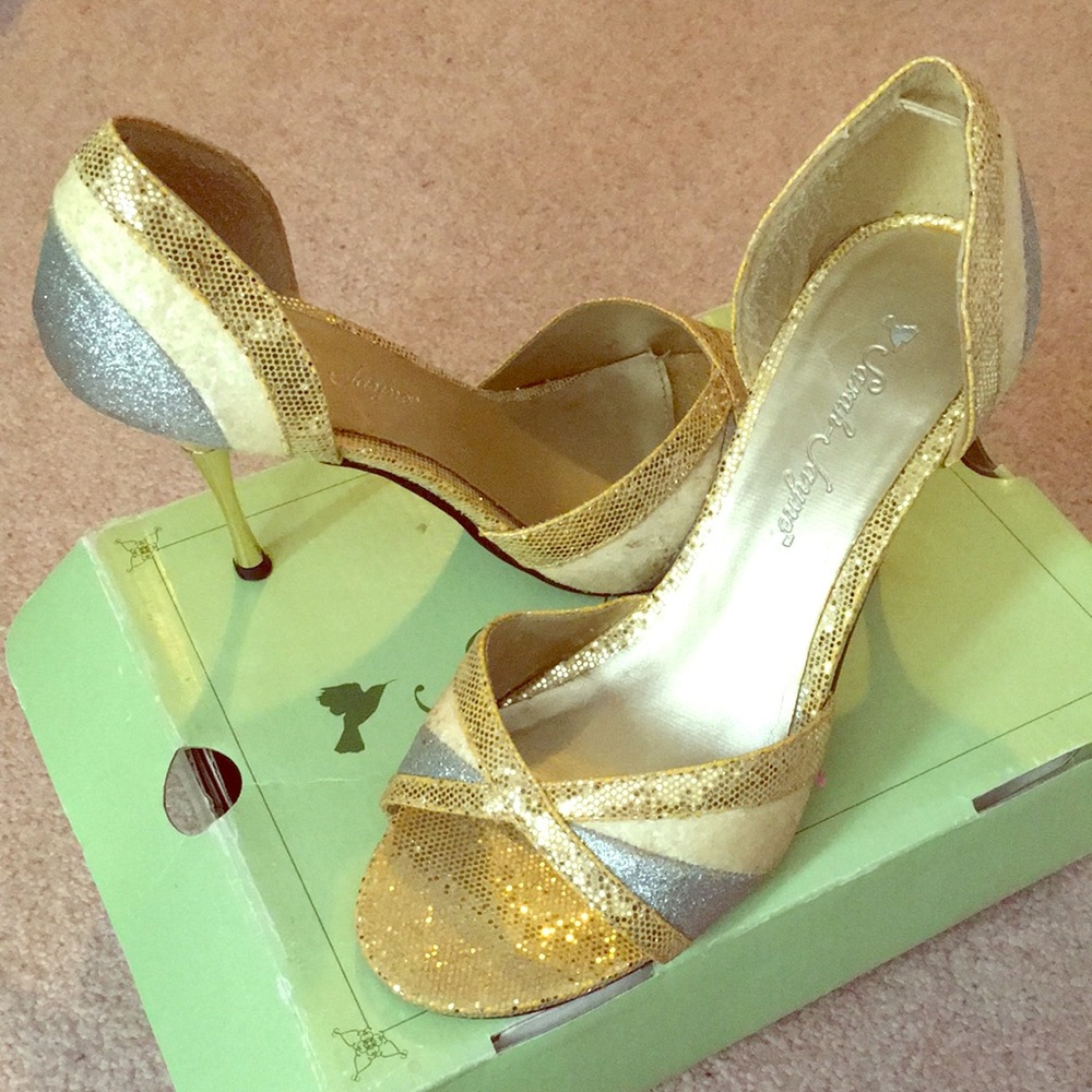 Gold/Silver/White glitter open toed heels size 7